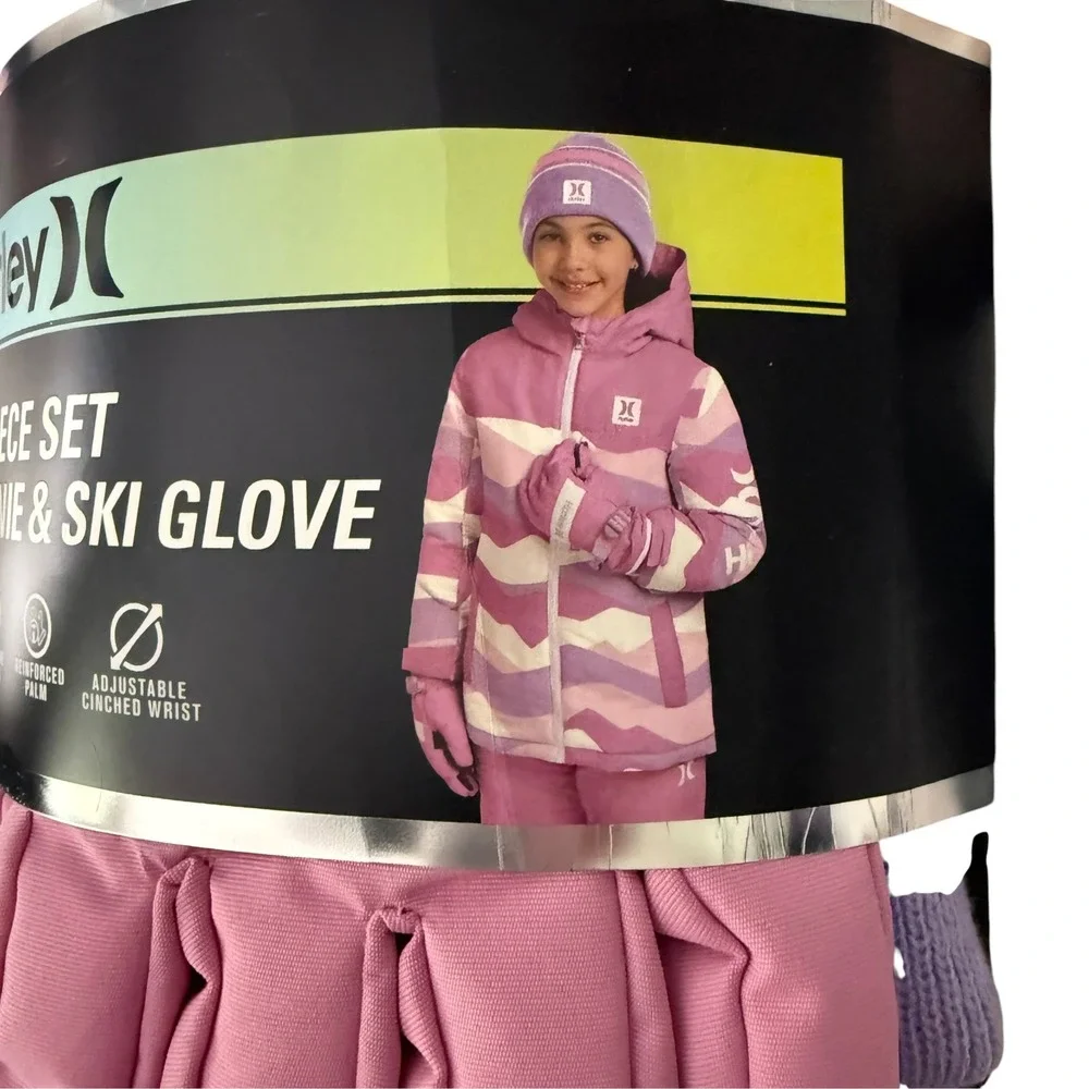 Hurley Youth Beanie & Ski Gloves 2-pc Winter Set Pink L 10-12 NWT